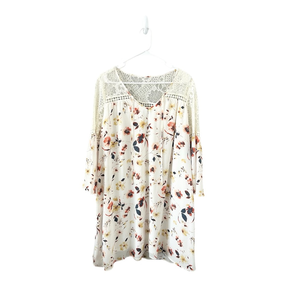 A.N.A. Ivory Cream Multi Floral Print 3/4 Sleeve Lace Bell‎ Sleeve Shift Dress
